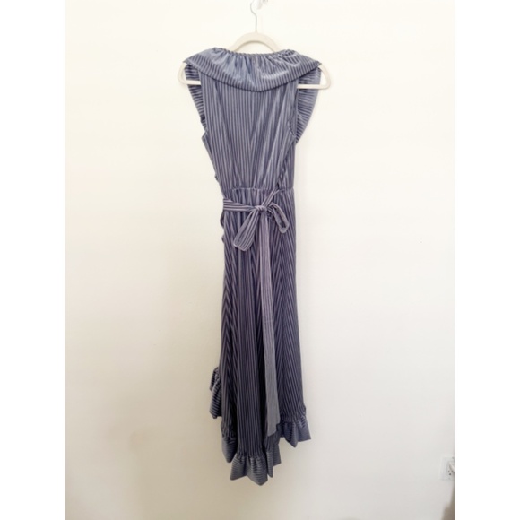 MISA Eve Pinstripe Velvet Ruffle Ribbed Wrap Midi Dress Lilac Blue S - Picture 5 of 10